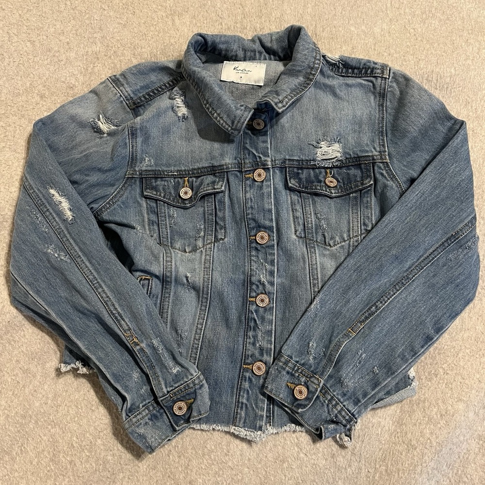 Kancan Jacket Women's Medium Blue Vianca Distressed Denim Cropped Trucker EUC